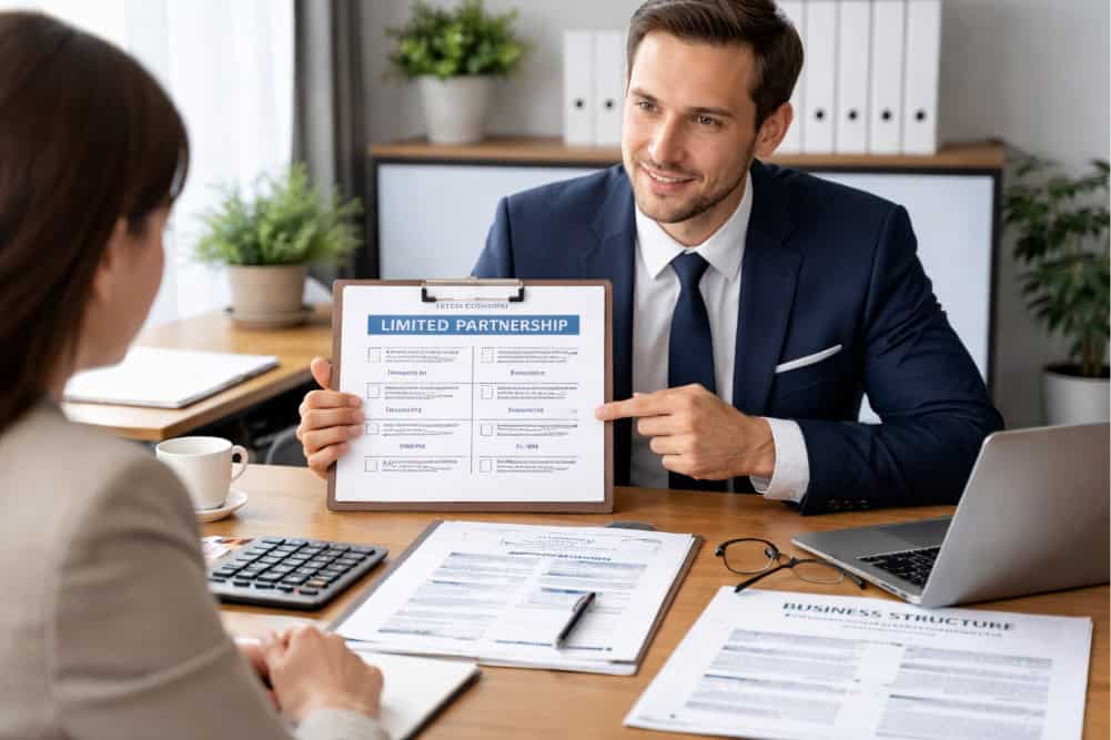 Office consultation scene showing a client learning the Difference Between a Limited Company and a Limited Partnership from a business adviser