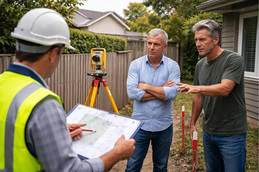 Resolving Property Title Disputes in New Zealand with two homeowners and a surveyor reviewing a fence line and boundary markers.