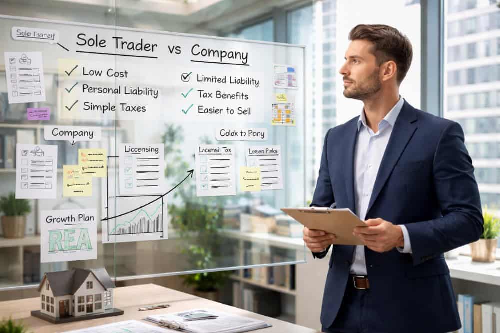 Confident business owner in a modern office reviewing notes about Sole Trader and Company Structure options for Real Estate Agencies on a glass board.