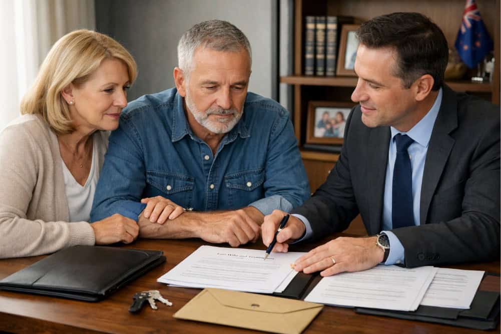 Family members meeting with an estate lawyer to review inheritance documents under the New Zealand Administration Act 1969.