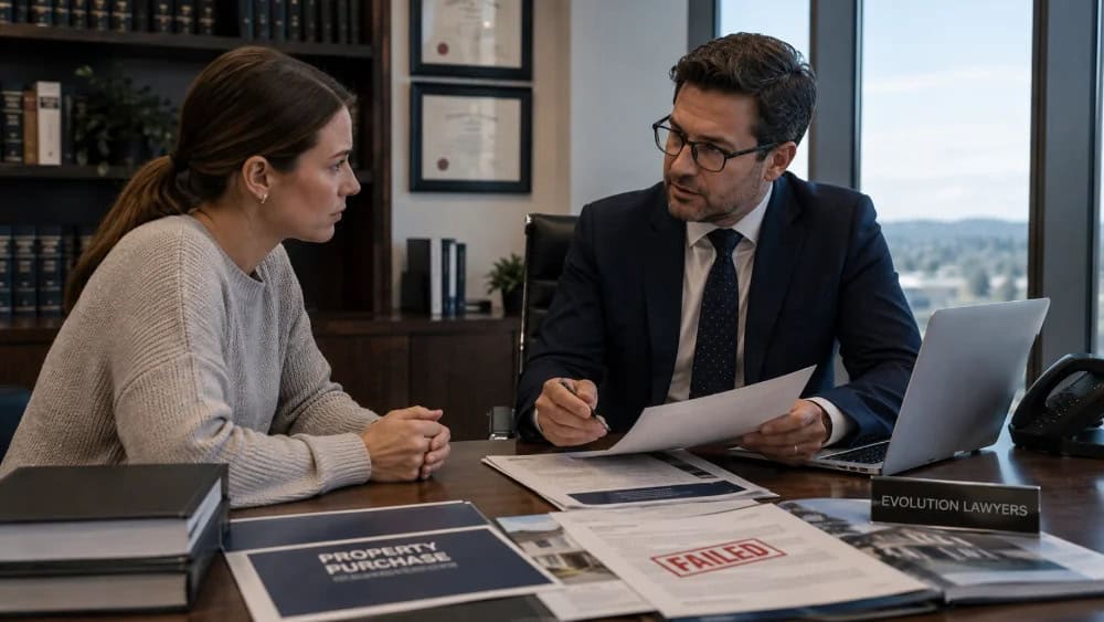 Lawyer explaining property purchase documents to a concerned client after a Complaint Is Made to the REA