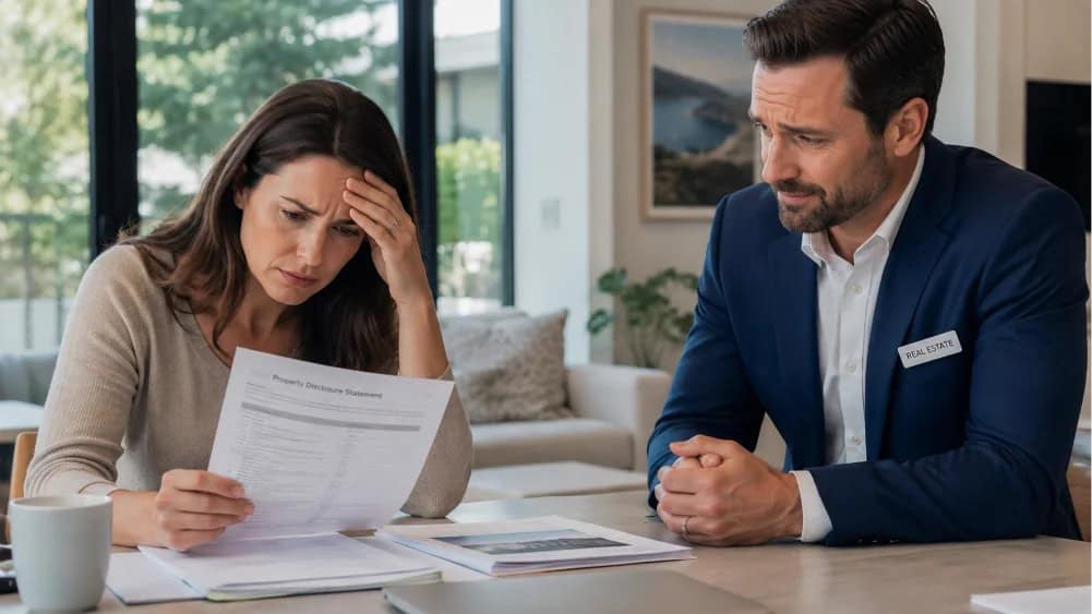 Homebuyer looking worried while reading property disclosure forms related to Common Reasons Real Estate Agents Face REA Complaints