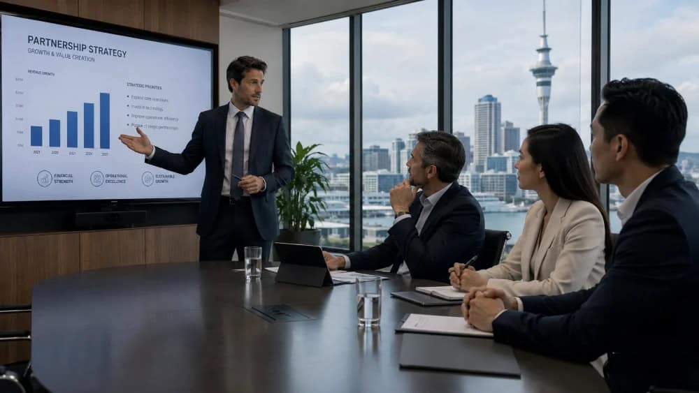 Business presentation in an Auckland boardroom explaining Rules In NZ For Limited Partnerships