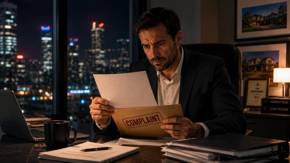 If someone has filed an REA complaint against you, this image shows a real estate agent sitting alone in a modern office after hours, reviewing a complaint letter and envelope marked “COMPLAINT” while city lights glow through the window, highlighting the serious professional and legal consequences of a regulatory investigation.