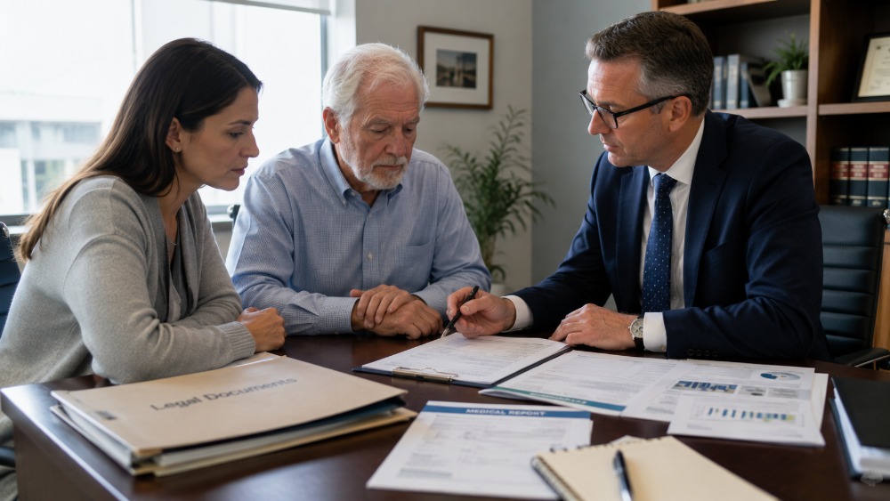 Lawyer meeting with an adult daughter and her elderly father to review legal documents, medical records, and financial paperwork in a modern office, explaining The Protection of Personal and Property Rights framework and planning for future decision-making before a crisis.
