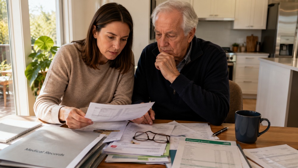 Adult daughter and elderly father reviewing Enduring Power of Attorney documents at a kitchen table in a modern New Zealand home, with legal paperwork, bank statements, a medical folder, and reading glasses, planning ahead before mental capacity is lost.