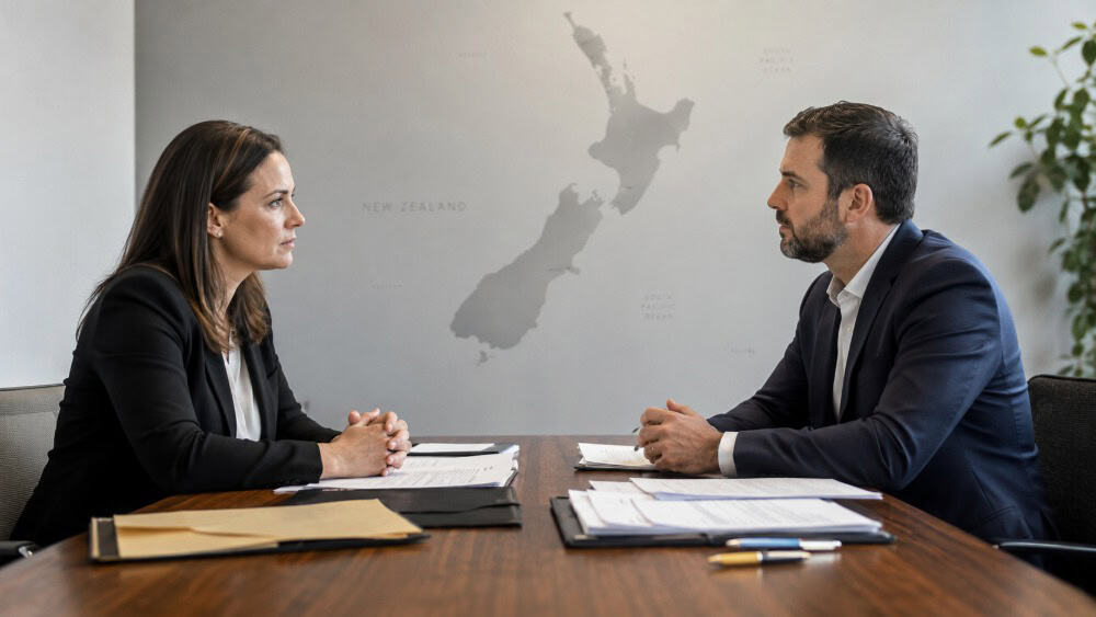 Legal negotiation over a Breach of Trust with a New Zealand map behind
