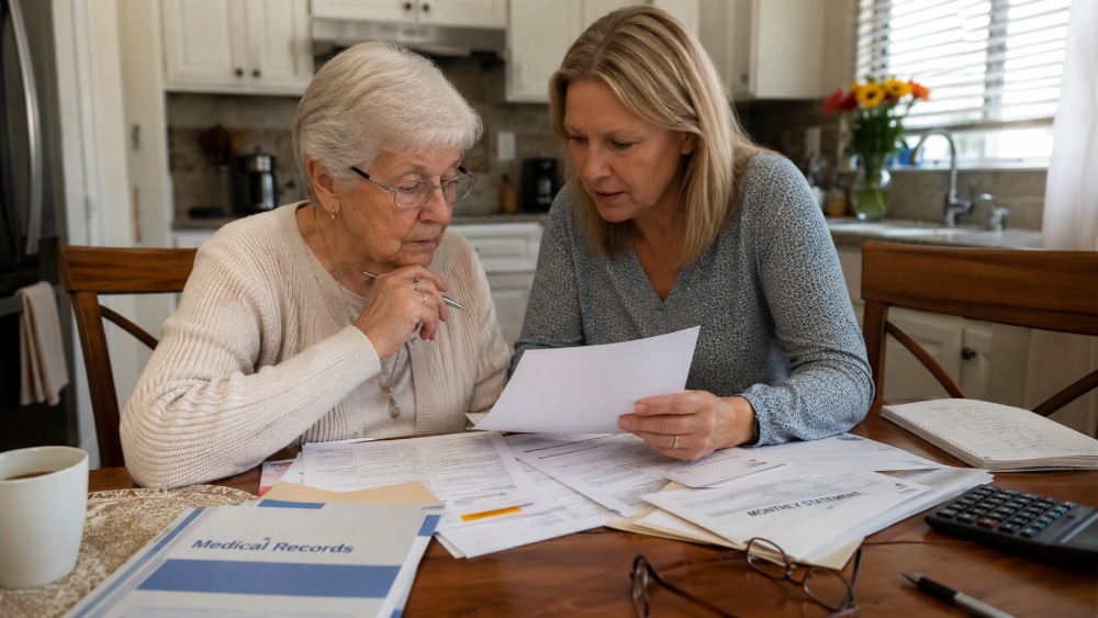 Family helping an elderly loved one review legal documents at a kitchen table after Lost Mental Capacity Without an EPA, with medical records, bank statements, reading glasses, and paperwork spread out in a calm but serious home setting.