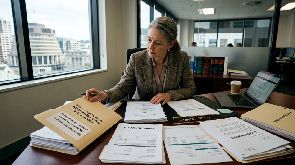 New Zealand legal office scene showing a trustee reviewing a trust deed and financial documents, representing a situation where a Trustee Refuse to Give You Trust Information.