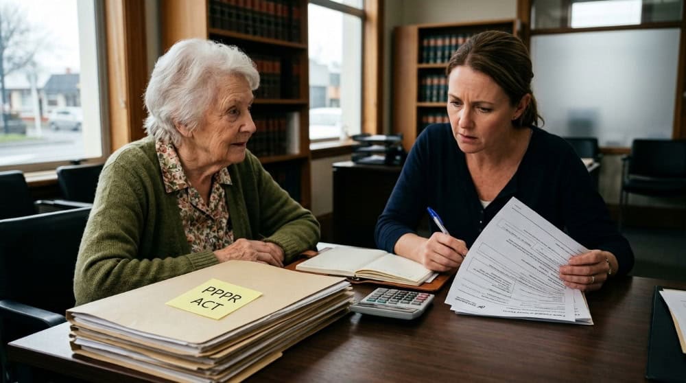 An elderly woman and a legal advisor meet at a desk in a law library. The advisor signs documents near a file folder clearly labeled 'PPPR ACT', which describes How to Apply for a Property Manager in New Zealand.