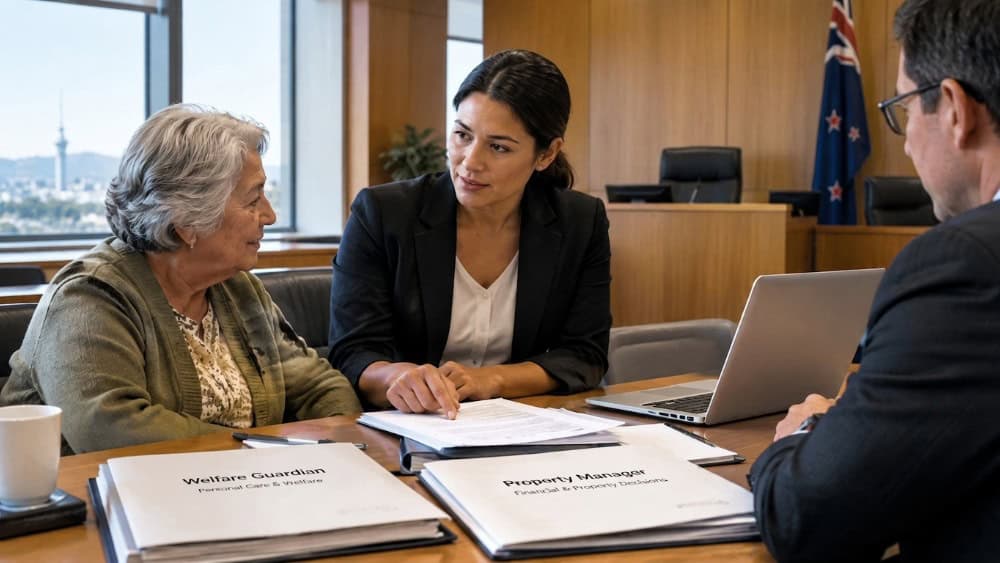 An elderly woman and a younger professional woman discuss two legal documents on a table: one for a Welfare Guardian and one for a Property Manager, while a man in a suit looks on. The younger woman points as she outlines the key differences between a 'Welfare Guardian vs Property Manager'.